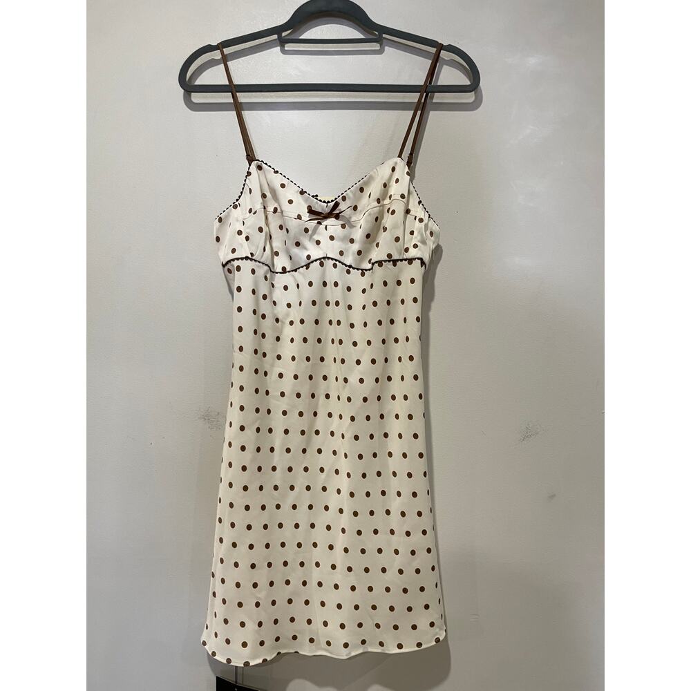 NWT ASTR the Label Satin Bow Trim Polka Dot Mini Dress White/Brown Womens Size L - Picture 2 of 6